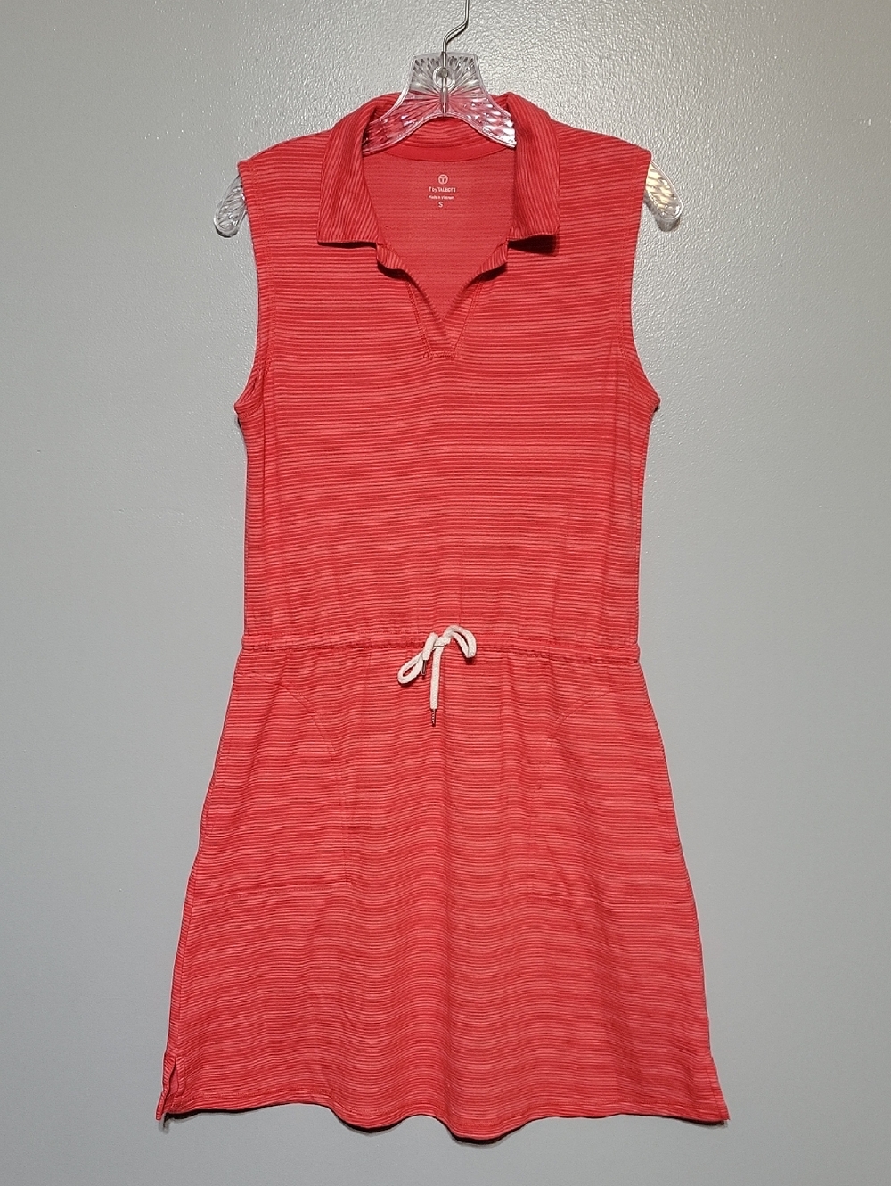 T by Talbots Women's Sleeveless Drawstring Red White Striped Collared Dress Sz S